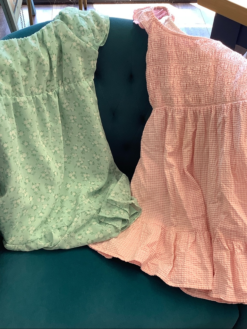 Mint Floral Ruffle Dress & Pink Seersucker Ruffle Dress Set